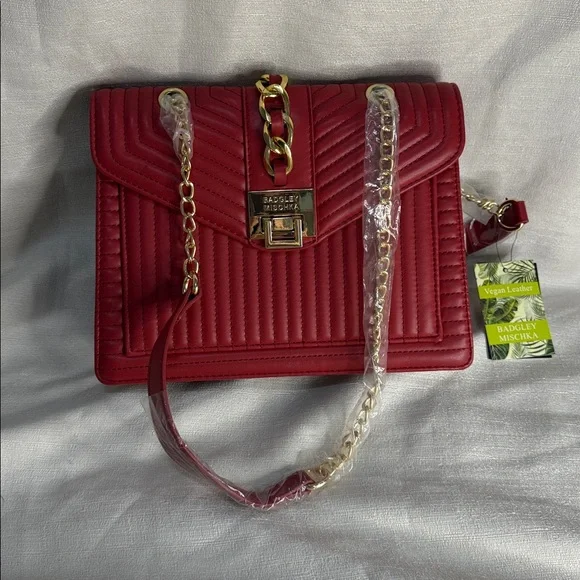 Badgley Mischka Vegan Leather Red Quilted Shoulder Bag - Picture 2 of 14